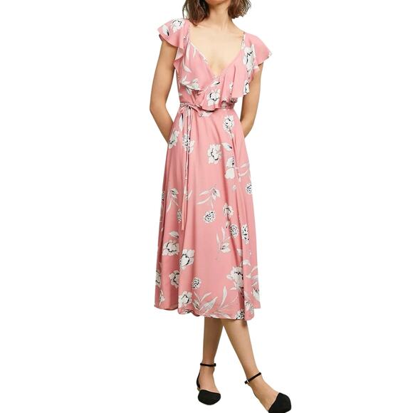 Anthropologie Yumi Kim Darby Wrap Midi Dress Rose Duet Bouquet Pink Floral - Picture 1 of 11